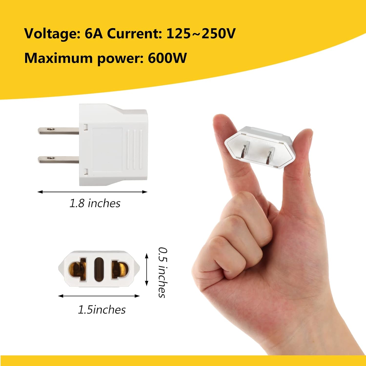 6 Pack Travel Adapter: European to US Outlet Plug Adapter (White) - Image 2