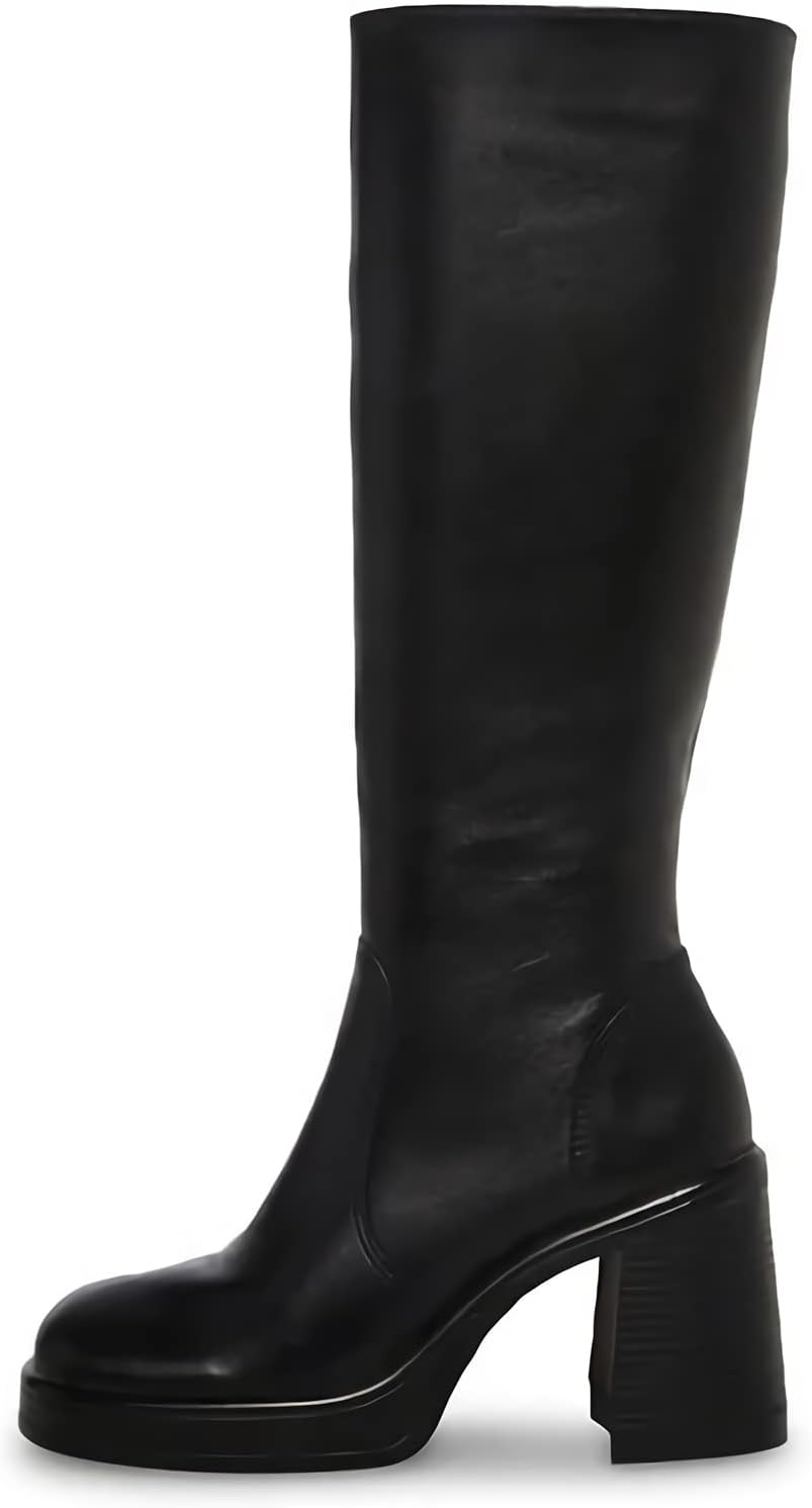 SOVANYOU Black Leather Boots Platform Boots for Women Square Toe Chunky Block Heeled Boots - Image 2